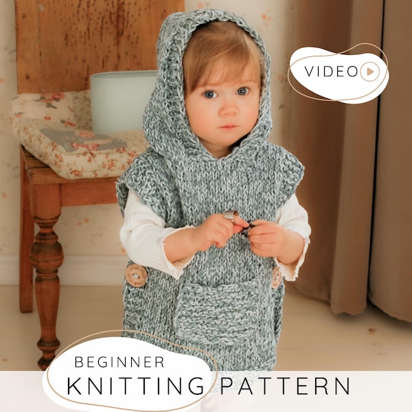 Beginner Kids Hooded Poncho Knitting Pattern PDF with Video knitted with Chunky yarn | Phoebe