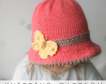 Sun Hat KNITTING PATTERN with Butterfly for Baby, Child, Woman, Brim Hat Knit with 3D Butterfly | Mary