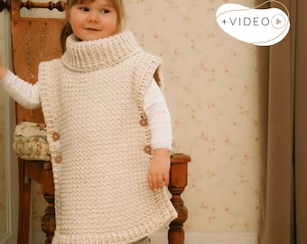 Kids Turtleneck CROCHET PATTERN Poncho, Toddler to Child Size Collared Cape, Kids Outerwear PDF, Crochet Along Video Tutorial I Scarlett