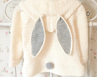 Cardigan à capuche pour bébé, MOTIF AU CROCHET, veste-pull avec oreilles de lapin ou d'ours pour enfant, modèle de manteau facile pour tout-petit au format PDF | Cardigan OTIS