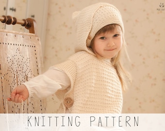 Hooded Poncho KNITTING PATTERN Kids Poncho Knit Pattern Aran Sleeveless Vest with Hood, Rectangle Toddler Poncho and Hat Set I Laureen