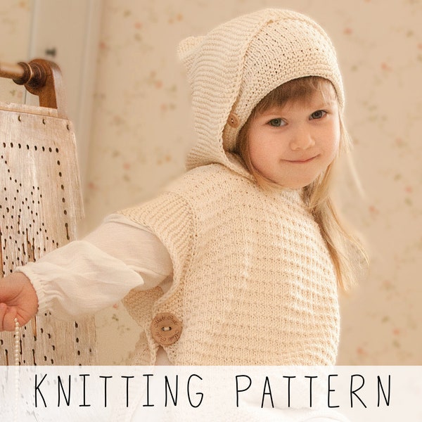 Hooded Poncho KNITTING PATTERN Kids Poncho Knit Pattern Aran Sleeveless Vest with Hood, Rectangle Toddler Poncho and Hat Set I Laureen
