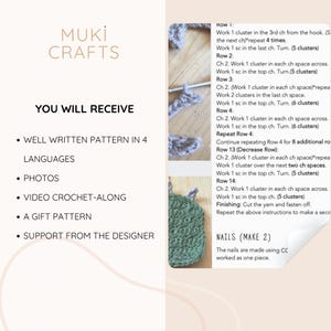 Peut inclure: Image d'un patron de crochet avec des instructions et une liste de ce que vous recevrez : un patron bien &eacute;crit en 4 langues, des photos, un tutoriel vid&eacute;o au crochet, un patron cadeau et le soutien du designer. Le logo Muki Crafts est en haut.