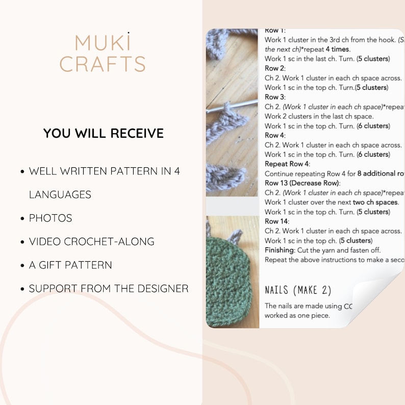 Peut inclure: Image d'un patron de crochet avec des instructions et une liste de ce que vous recevrez : un patron bien &eacute;crit en 4 langues, des photos, un tutoriel vid&eacute;o au crochet, un patron cadeau et le soutien du designer. Le logo Muki Crafts est en haut.