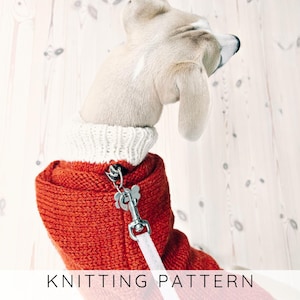 May include: A dog wearing a red knitted sweater with a white collar and a leash. The sweater has a silver zipper and a white leash attached. The text "KNITTING PATTERN" is at the bottom of the image.