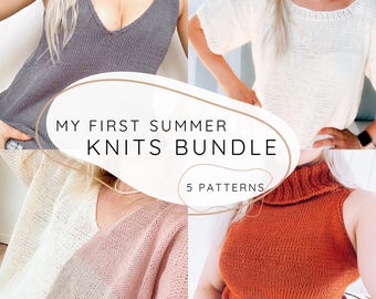 5 Beginner KNITTING PATTERN Bundle, Easy Knit Tank Top and Dress PDF, Flat Knit Tee, Step by Step Video, V Neck Top I My First Summer Knits
