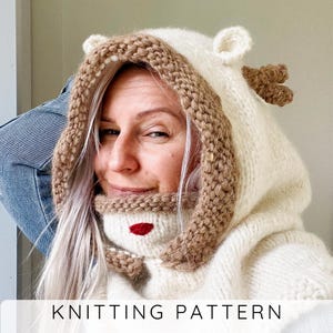 Wintersjaal BREIPATROON Rendier coltrui met capuchon (maat baby, peuter, kind, vrouw) Kerstsjaal met binnencols I Rudolph