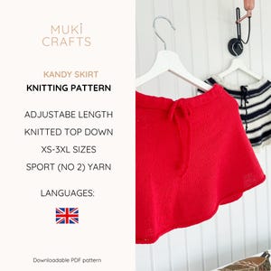 May include: A red knitted Kandy skirt hangs on a white hanger. The image is a downloadable PDF knitting pattern, with details including adjustable length, top-down knitting, and XS-3XL sizes. The pattern uses sport (no 2) yarn.