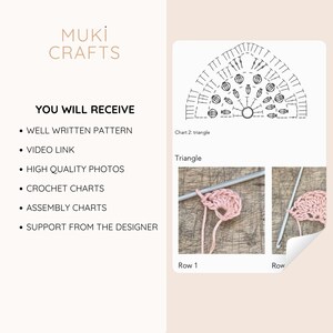 Op de afbeelding: Afbeelding voor een haakpatroon met de tekst "MUKI CRAFTS". De afbeelding toont een haakdiagram, foto's van haakwerk in uitvoering en een lijst met inbegrepen items: een goed geschreven patroon, videolink, foto's van hoge kwaliteit, haakdiagrammen, montagekaarten en ondersteuning van de ontwerper.