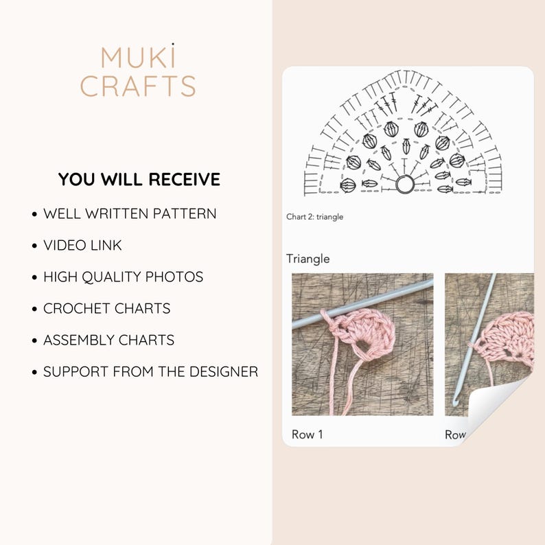 Op de afbeelding: Afbeelding voor een haakpatroon met de tekst "MUKI CRAFTS". De afbeelding toont een haakdiagram, foto's van haakwerk in uitvoering en een lijst met inbegrepen items: een goed geschreven patroon, videolink, foto's van hoge kwaliteit, haakdiagrammen, montagekaarten en ondersteuning van de ontwerper.
