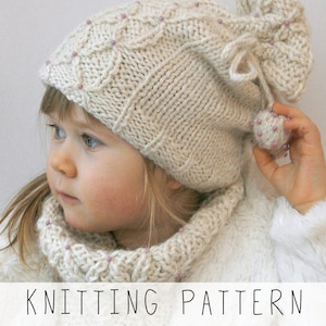 Faux Cables Hat KNITTING PATTERN Girls Hat Knit Pattern Cowl, Winter Hat Knit, Toddler Girl&#39;s Toque Hat with Matching Cowl I Betty Set