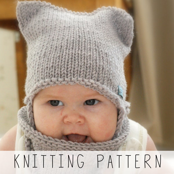 Cat Hat KNITTING PATTERN Rectangular Hat Knit Pattern, Baby Earflap Hat Pattern Animal Beanie, Toddler Cat Beanie, Cowl Pattern I Cat Set