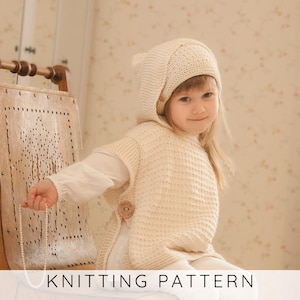 WZÓR NA DZIERGANIE NA ponczo z kapturem, Wzór na ponczo dla dzieci, Bezrękawnik Aran z kapturem, Prostokątny zestaw ponczo i czapki dla malucha I Laureen