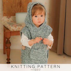 キッズフード付きポンチョの編み図、耳とポケット付きの簡単なウサギのポンチョ、初心者向けニットPDF I Phoebe