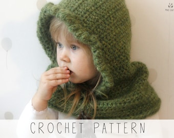 Elf Hooded Cowl CROCHET PATTERN  Woodland Hood Crochet Pattern Winter Snood, Kids Hooded Cowl Crochet Pattern with Puff Stitches I Eva