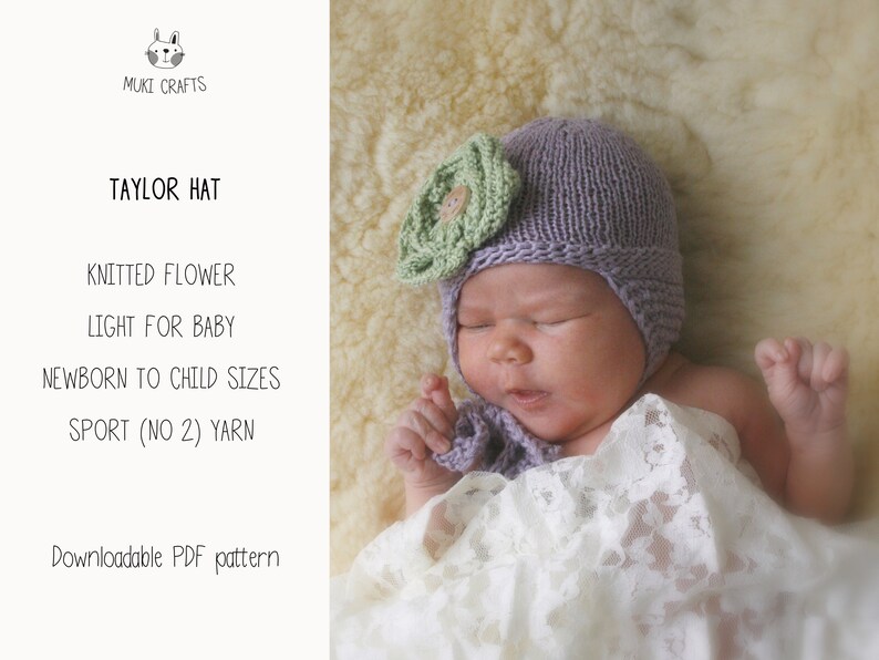 Newborn Earflap Hat KNITTING PATTERN Baby Earflap Beanie Knit Pattern with Knitted Flower, Preemie Hat, Kids Earflap Pattern I Taylor image 2