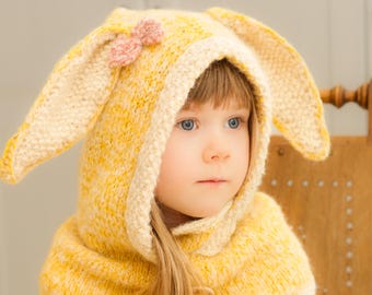 Bunny Hooded Cowl KNITTING PATTERN, Easy Animal Ear Snood Knit Pattern for Kids and Adults, Winter Balaclava Hat I WINDSOR Hooded Cowl