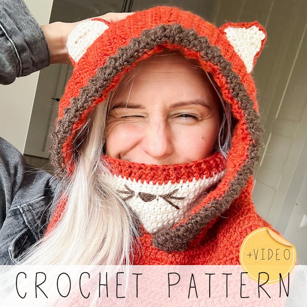 Fox Hooded Cowl CROCHET PATTERN Fox Crochet Pattern with Video Instructions, Pointed Ears Easy Kids Hoodie Crochet Pattern Fox Hood I Reed