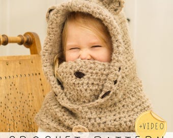 Cagoule à capuche ours motif CROCHET, tour de cou animal pour enfants avec col intérieur, chapeau de costume d'ours avec oreilles rondes (bébé, tailles enfants adultes) I Jacob