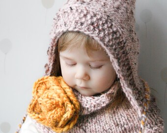 Chunky Hood and Cowl KNITTING PATTERN, Super Bulky Pixie Hat Knit Pattern for Kids and Women, Easy Textured Snood Set I SALOME