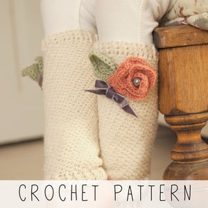 white crochet leg warmers with rose and leaf, ribbon bow, crochet pattern to make these kids leg warmers