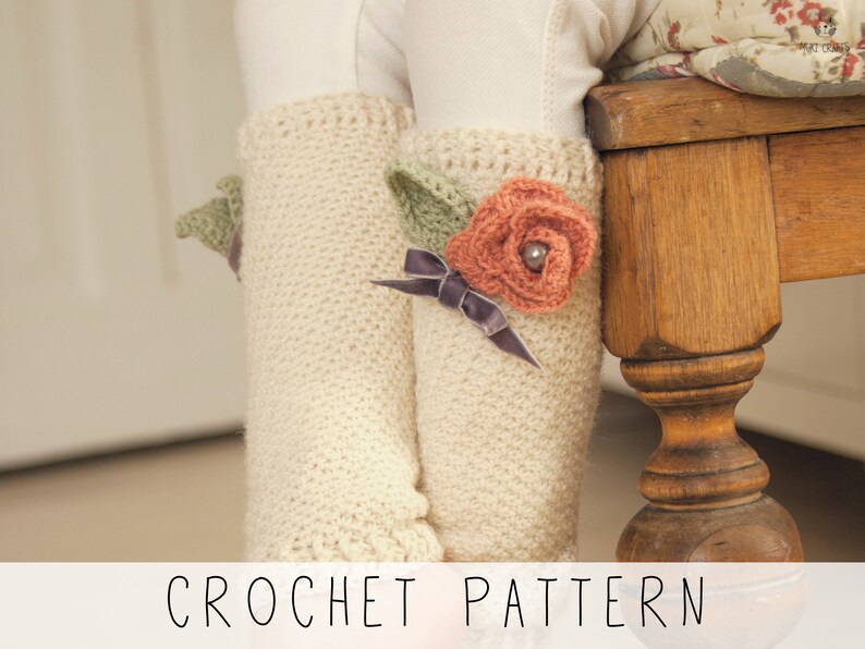 white crochet leg warmers with rose and leaf, ribbon bow, crochet pattern to make these kids leg warmers