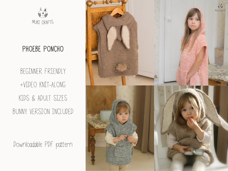 Easy Hooded Poncho KNITTING PATTERN Toddler Poncho Knit Pattern Kids Poncho Video Pattern Poncho Pattern Child Poncho Pattern I Phoebe image 2