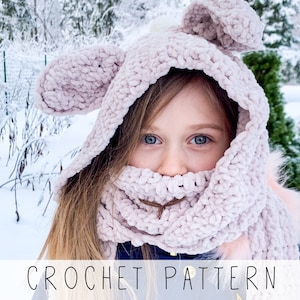 Bunny Hooded Scarf CROCHET PATTERN, Kids Hooded Cowl with Pockets, Toddler Snood Pattern, DIY Bunny Scarf Tutorial I Suede
