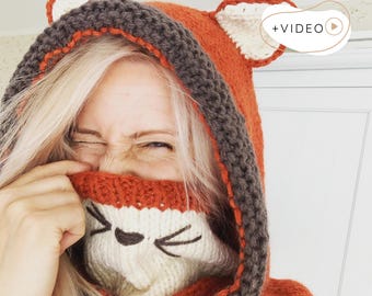 Fox Hooded Cowl KNITTING PATTERN, Fox Snood, Seamless Animal Hooded Scarf PDF, Toddler to Adult Wolf Cowl, Video TutoriaI I Rene