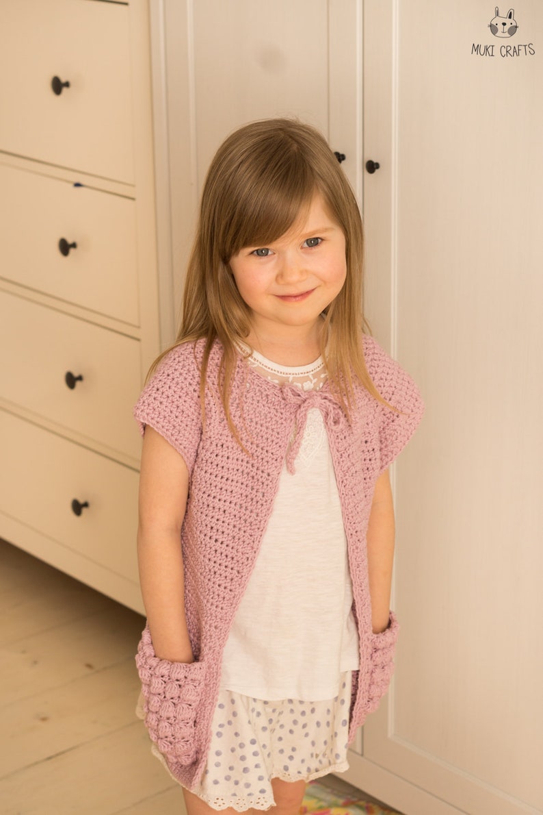 Sleeveless Cardigan CROCHET PATTERN Vest with Pockets and Puff Stitch Girls Jacket Pattern Girls Cardigan Easy Crochet Pattern I Clara image 9