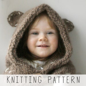 girl in brown hooded cowl with round ears, knitting pattern to make kids animal hood