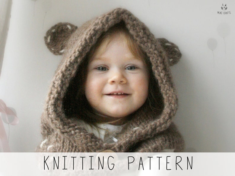 girl in brown hooded cowl with round ears, knitting pattern to make kids animal hood