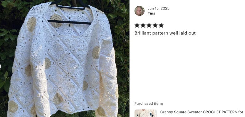 May include: White crochet sweater with a V-neck and long sleeves, featuring a square pattern with gold accents. The sweater is displayed on a black hanger. Text on the right says "Brilliant pattern well laid out".