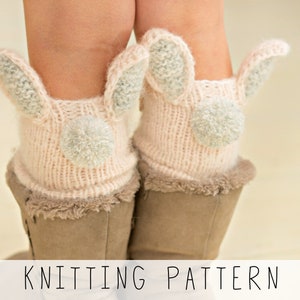 Light pink knitted leg warmers with pom pom tail and bunny ears, knitting pattern to make these leg warmers