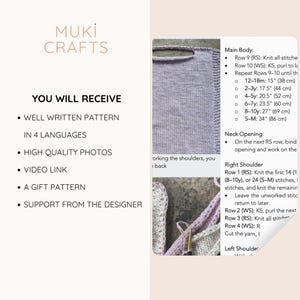 May include: A knitting pattern from Muki Crafts, with instructions in 4 languages. The image shows a knitted garment and detailed instructions for the main body, neck opening, and right shoulder. Measurements are provided in inches and centimeters.