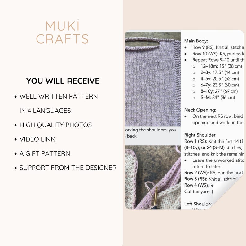 May include: A knitting pattern from Muki Crafts, with instructions in 4 languages. The image shows a knitted garment and detailed instructions for the main body, neck opening, and right shoulder. Measurements are provided in inches and centimeters.