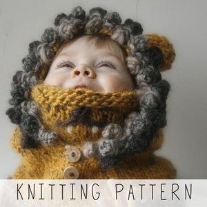Lion Hooded Cowl KNITTING PATTERN Kids Lion Snood Knit Pattern, Animal Hat Pattern, Halloween Costume, Knit Lion, Chunky Cowl I Leon