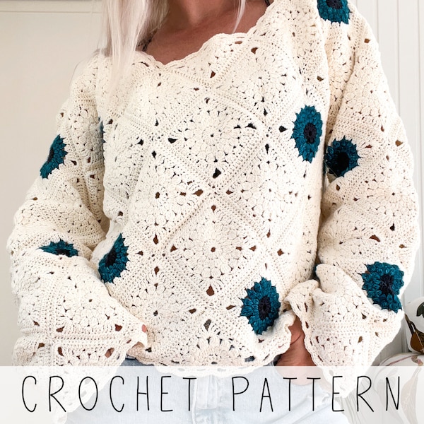 Granny Square Sweater CROCHET PATTERN Granny Square Jumper, Beginner Crochet Sweater Pullover Pattern Easy Summer Lace Sweater I Hazel