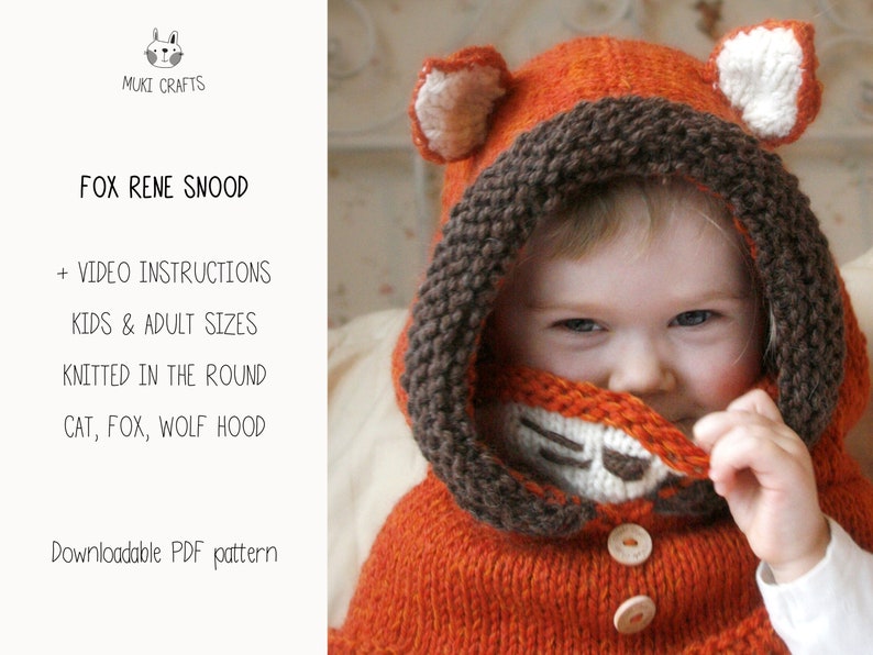 Fox hooded cowl Video KNITTING PATTERN Fox Hoodie Knit Pattern Fox Sood Knitting Pattern Toddler Hooded Cowl Knitting Pattern I Rene image 2