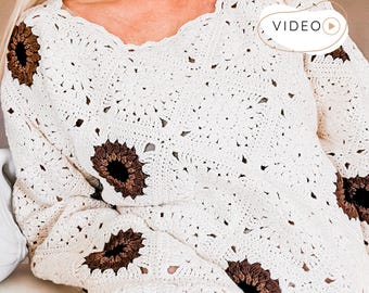 Granny Square Sweater CROCHET PATTERN, Boho Lacy Pullover pdf, Modern Summer Jumper S to XXL, Video Tutorial | Hazel