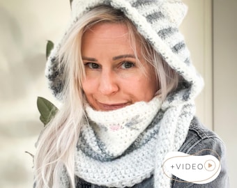 Cat Hood CROCHET PATTERN, Womens Hooded Cowl with Ears, Easy Kitten Hat for Cat Lovers with Video Tutorial (Baby to Adult sizes) | MISTY Set