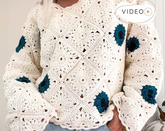 Granny Square Sweater Crochet Pattern, Boho Pullover PDF, Video Tutorial, Festival Top, Sizes S-XXL | Hazel