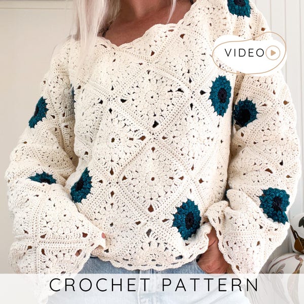 Patrón de ganchillo para suéter cuadrado de abuela, jersey bohemio en PDF, videotutorial, top para festivales, tallas S-XXL / Hazel