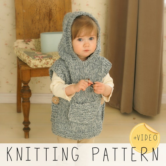Hooded Poncho KNITTING PATTERN for Kids baby Toddler Children Chunky Vest Knit Pattern With Hood Knitting Video Instructions I Phoebe Etsy