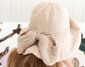 Sun Hat KNITTING PATTERN with Bow, Brimmed Hat Knit Pattern for Women Child Baby, Knit Flat or In The Round PDF, Easy Summer Cloche I Solei