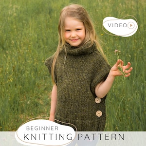 Easy Poncho KNITTING PATTERN for Beginners, Collared Poncho Pattern Pdf with Video Tutorial (Toddler, Child, Adult size) I Campbell