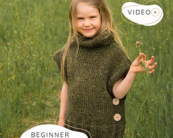 Easy Poncho KNITTING PATTERN for Beginners, Collared Poncho Pattern Pdf with Video Tutorial (Toddler, Child, Adult size) I Campbell