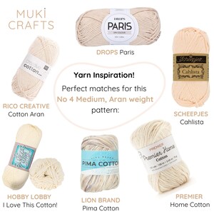 May include: An assortment of yarn skeins in various neutral colors, including cream, beige, and off-white. The image features yarn brands such as Drops Paris, Rico Creative Cotton Aran, Scheepjes Cahlista, Hobby Lobby I Love This Cotton!, Lion Brand Pima Cotton, and Premier Home Cotton.