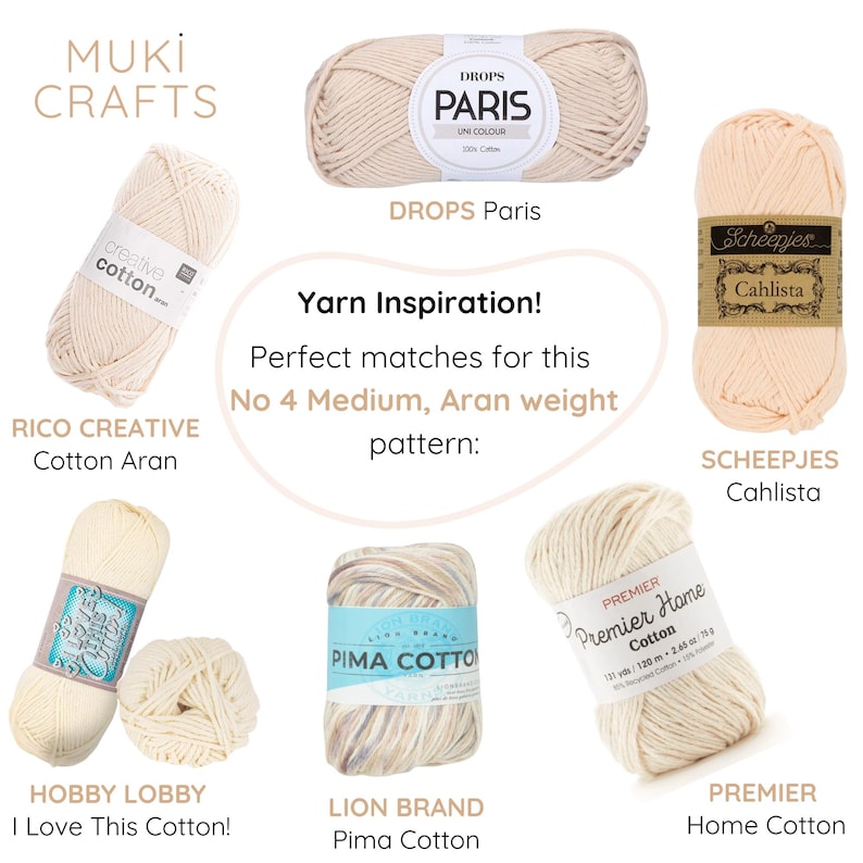 May include: An assortment of yarn skeins in various neutral colors, including cream, beige, and off-white. The image features yarn brands such as Drops Paris, Rico Creative Cotton Aran, Scheepjes Cahlista, Hobby Lobby I Love This Cotton!, Lion Brand Pima Cotton, and Premier Home Cotton.