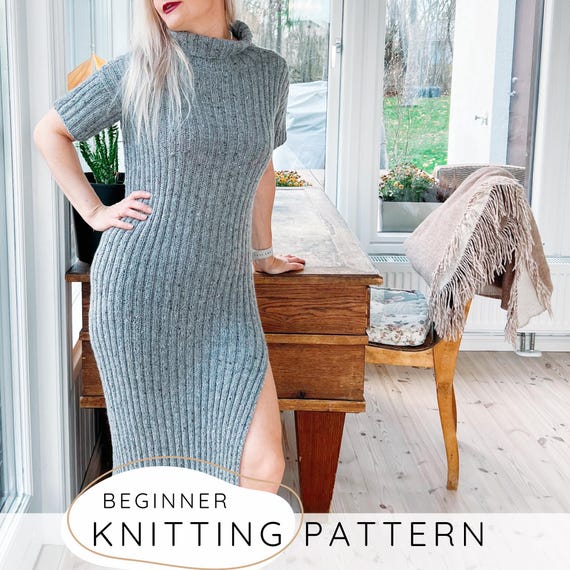 rib knit dress pattern Beginner Ribbed Dress KNITTING PATTERN, Easy Collared Turtleneck Dress Pdf,  Simple Knit Sweater Dress, Long Dress With Slit (S-XXL) I Tbh